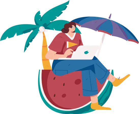 Freiberuflerin arbeitet im Urlaub  Illustration