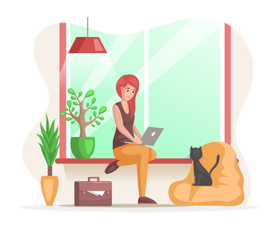 Freiberuflerin sitzt zu Hause und arbeitet mit Laptop  Illustration