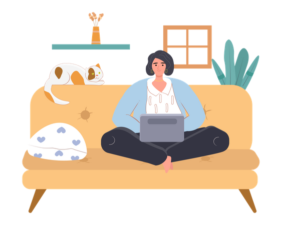 Freiberuflicher Mitarbeiter sitzt auf der Couch und arbeitet am Laptop  Illustration