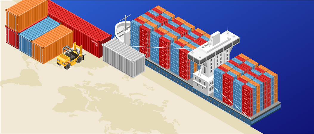 Freight ship with containers in cargo port  Illustration