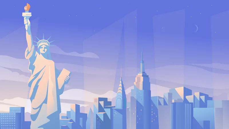 New York City Panorama Landing Page Im Flachen Cartoon Stil Die Freiheitsstatue Wolkenkratzer Stadtlandschaft Mit Modernem Gebaude Reisen Von Sehenswurdigkeiten Vektor Illustration Des Web Hintergrunds Illustration