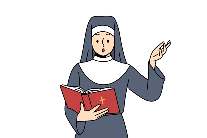 Freira lê a Bíblia e levanta a mão surpresa após aprender a história do surgimento do cristianismo  Ilustração