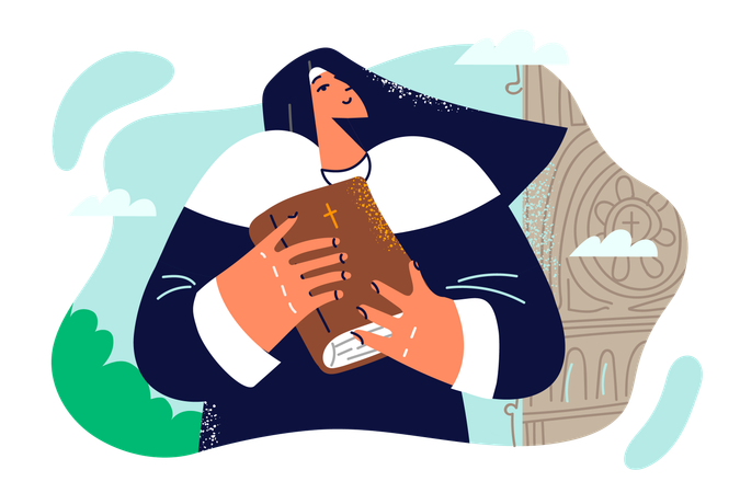 Freira mulher está segurando o livro da Bíblia  Ilustração