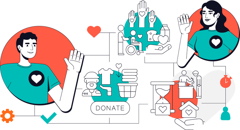 Männliche und weibliche Freiwillige spenden Lebensmittel und Kleidung  Illustration