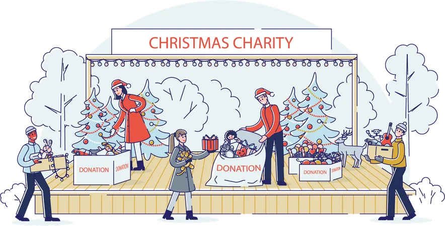 Freiwilliger Mitarbeiter sammelt Spenden für Weihnachtswohltätigkeitsorganisation  Illustration