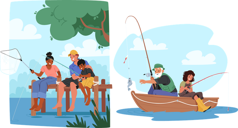 Freizeitszenen beim Angeln. Familie genießt ein friedliches Angelerlebnis auf einem Holzsteg, umgeben von ruhigen Gewässern  Illustration