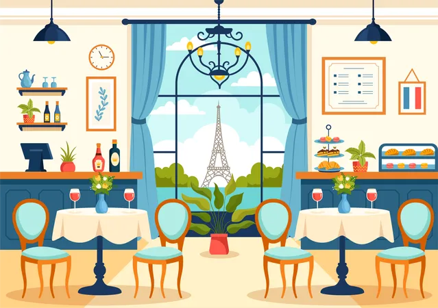 French Cuisine Restaurant Vector Illustration With Various Traditional Or National Food Dish Of France On Flat Style Cartoon Background Illustration