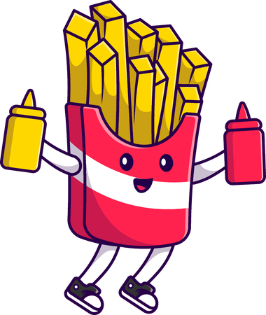 French Fries Holding Tomato Sauce And Mustard  Illustration