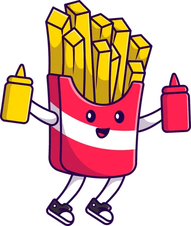 French Fries Holding Tomato Sauce And Mustard  Illustration