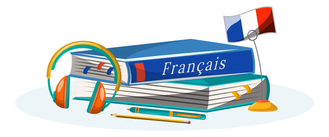 French Learning Flat Concept Vector Illustration Foreign Language Course School Subject Linguistics Study Metaphor University Class Student Textbook And Dictionary 2 D Cartoon Objects Illustration