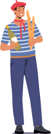 French man holding wine and bread Illustration