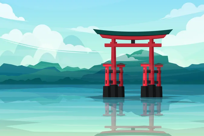 Frente al lago con puertas torii en Japón  Ilustración