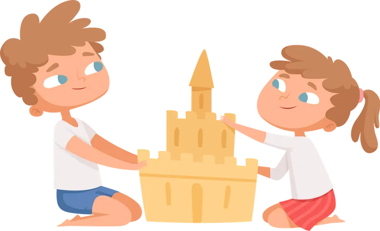 Frère et sœur faisant un château de sable  Illustration