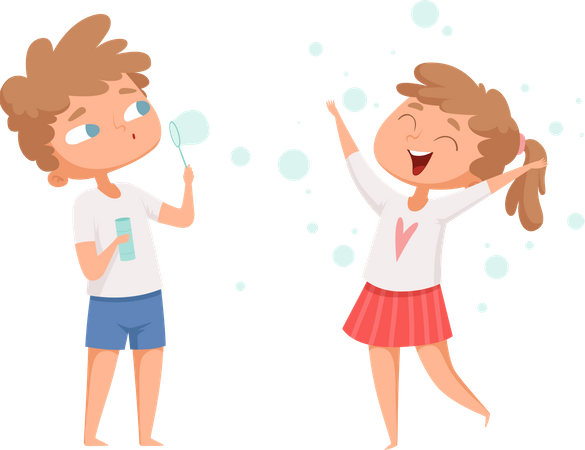 Frère et sœur soufflant des bulles d'air  Illustration