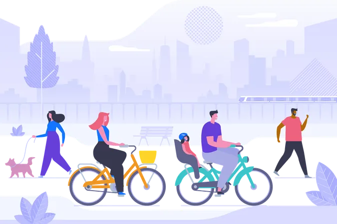 Fresh Air Recreation Flat Vector Illustration Smiling Young People In Park Cartoon Characters Woman And Man With Child Riding Bicycles Girl Walking Dog Guy On Phone Happy Citizens On Stroll Illustration