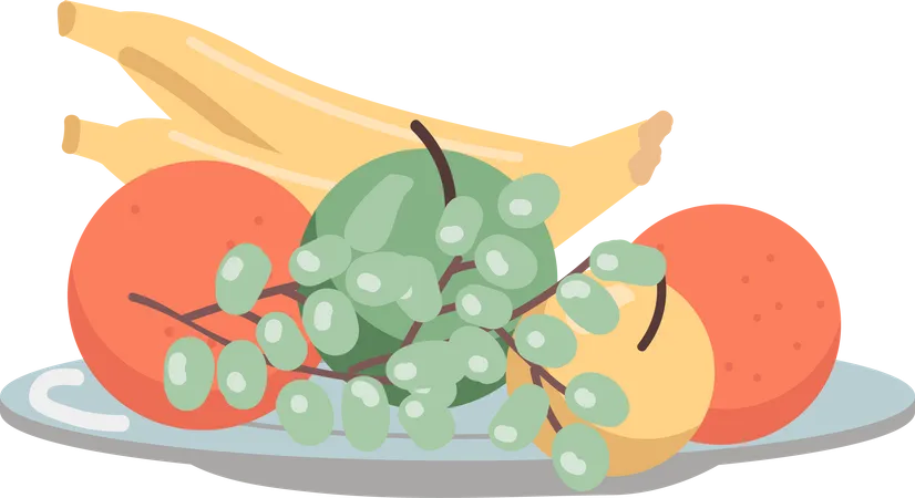 Fresh Fruits Semi Flat Color Vector Object Full Sized Item On White Banana And Grapes Healthy And Organic Products Simple Cartoon Style Illustration For Web Graphic Design And Animation Illustration