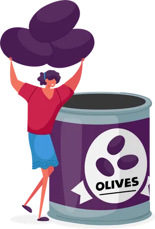 Canning Factory Canned Food Concept Female Character Put Fresh Olives To Canning Jar Container With Tinned Steel Lid Vegetarian Healthy Production Shop Manufacturing Cartoon Vector Illustration Illustration
