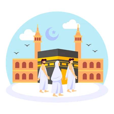 Fröhliche Familie, die Umrah durchführt und Tawaf durchführt  Illustration