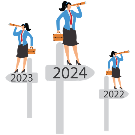 Ich freue mich auf das neue Jahr, Mann mit Fernglas steht auf Straßenschild und blickt in die Zukunft, Geschäftsfrau  Illustration