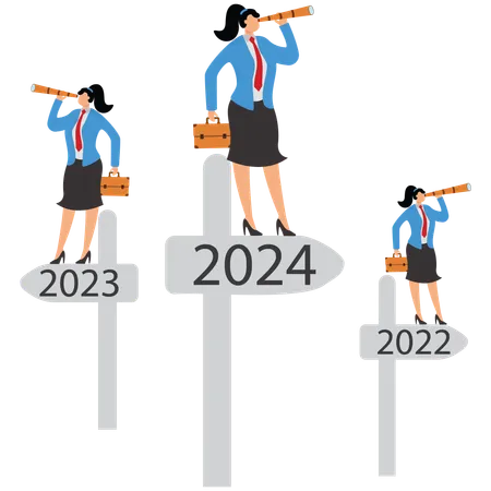 Ich freue mich auf das neue Jahr, Mann mit Fernglas steht auf Straßenschild und blickt in die Zukunft, Geschäftsfrau  Illustration