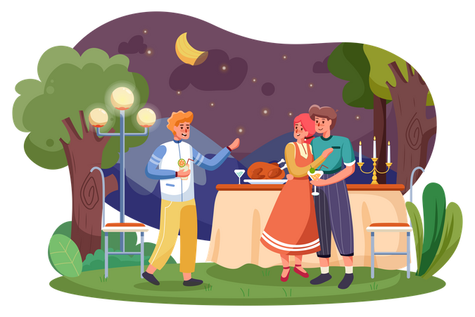 Freund genießt nächtliche Gartenparty  Illustration