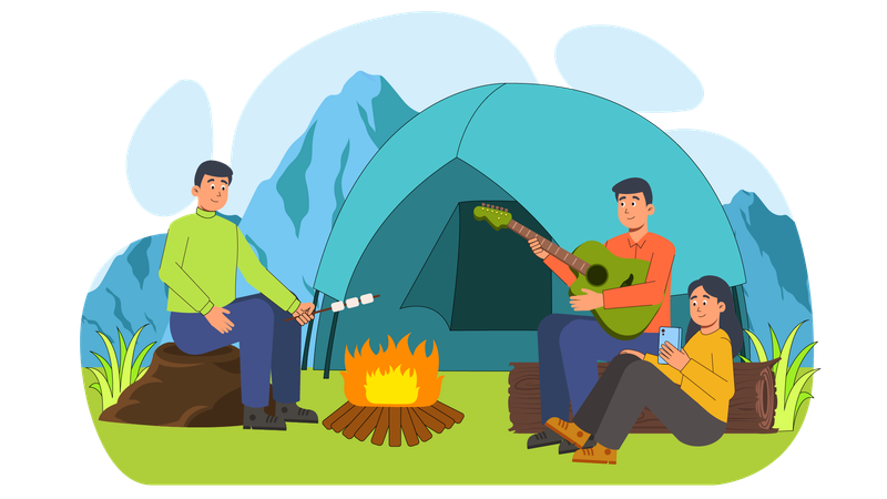 Freunde campen im tiefen Wald  Illustration