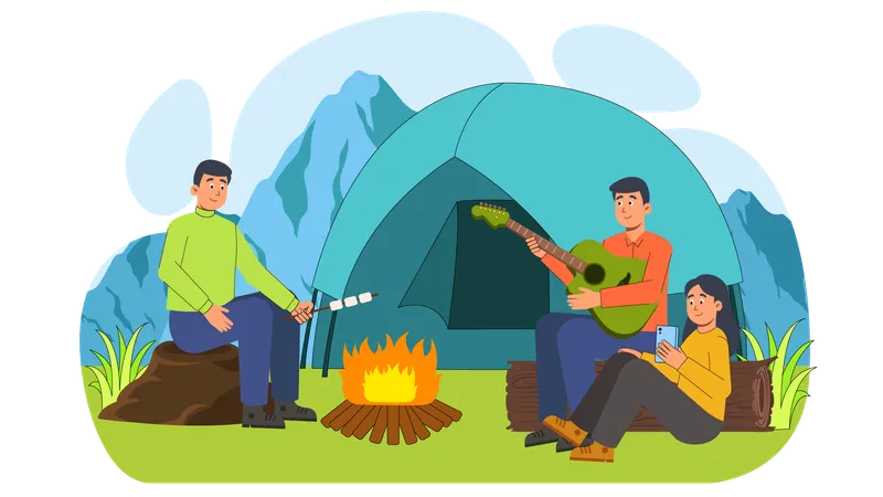 Freunde campen im tiefen Wald  Illustration