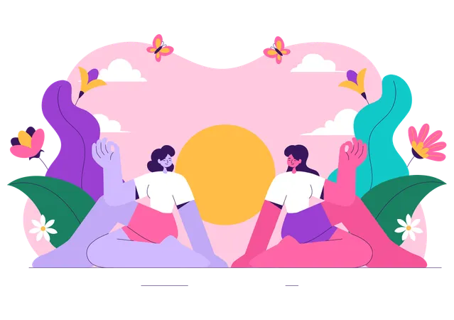 Freunde feiern den Internationalen Tag des Yoga  Illustration