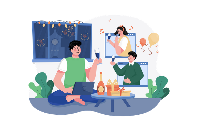 Freunde feiern online  Illustration