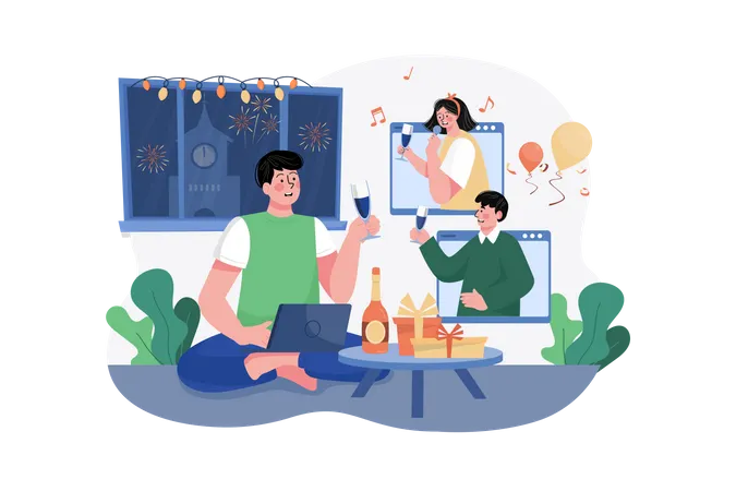 Freunde feiern online  Illustration
