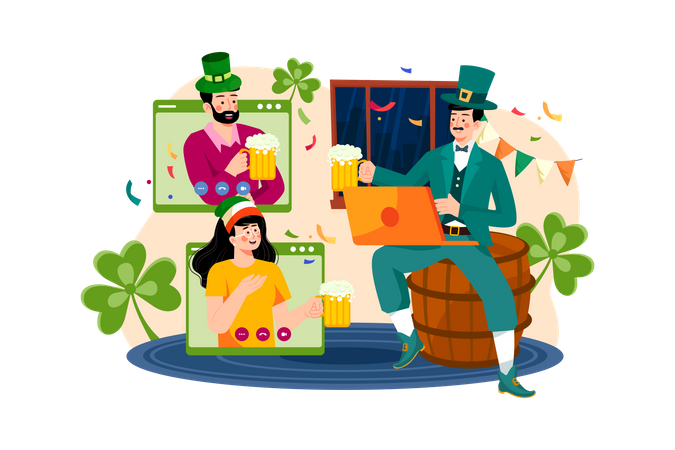 Freunde feiern St. Patrick's Day per Online-Videokonferenz  Illustration