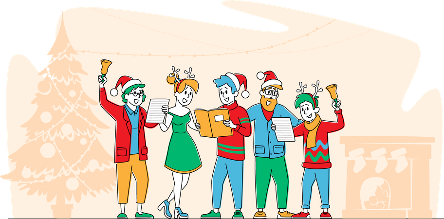 Gesellschaft von Freunden oder fröhliches Singen von Weihnachtsliedern mit der Familie am Veranstaltungsabend  Illustration