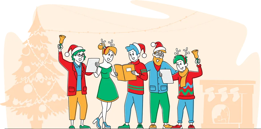 Gesellschaft von Freunden oder fröhliches Singen von Weihnachtsliedern mit der Familie am Veranstaltungsabend  Illustration