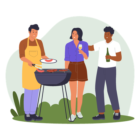 Freunde genießen Grillparty im Garten  Illustration