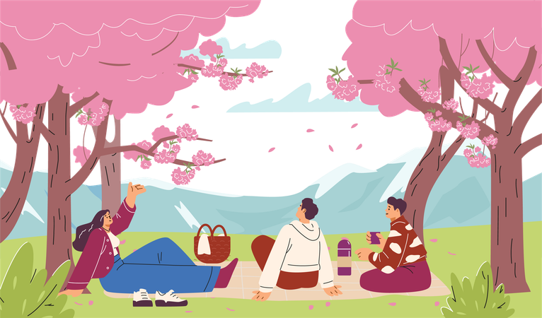 Freunde machen ein Picknick in einem Park mit Kirschbäumen  Illustration