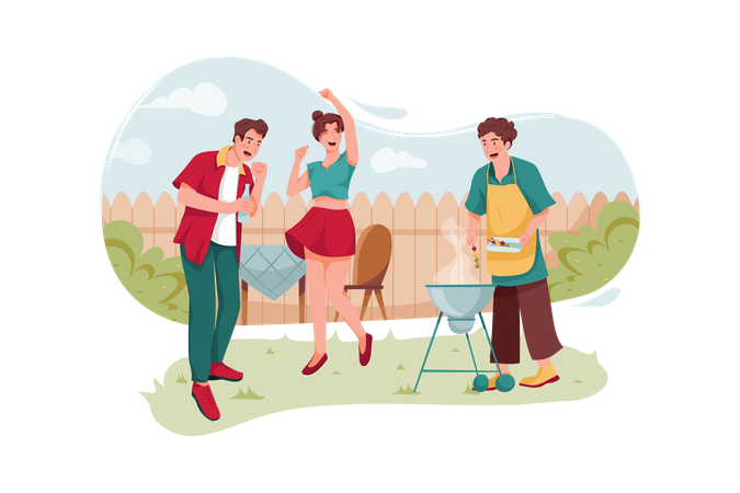 Freunde machen Essen auf dem Grill im heimischen Hinterhof  Illustration