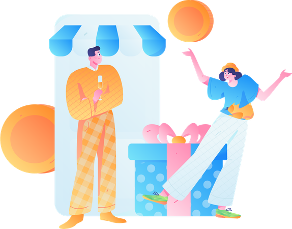 Freunde beim mobilen Shopping  Illustration