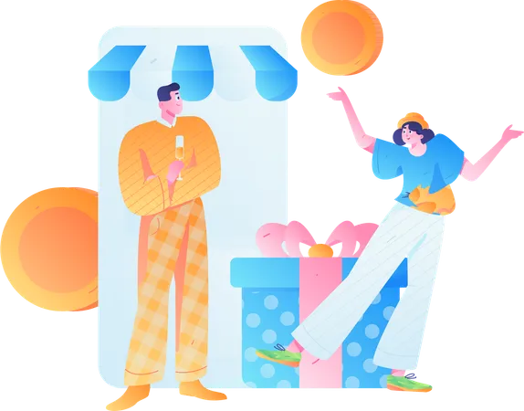 Freunde beim mobilen Shopping  Illustration