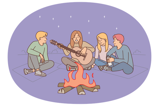 Freunde sitzen mit Gitarre am Lagerfeuer und genießen Camping und Entspannung am Abendstrand  Illustration