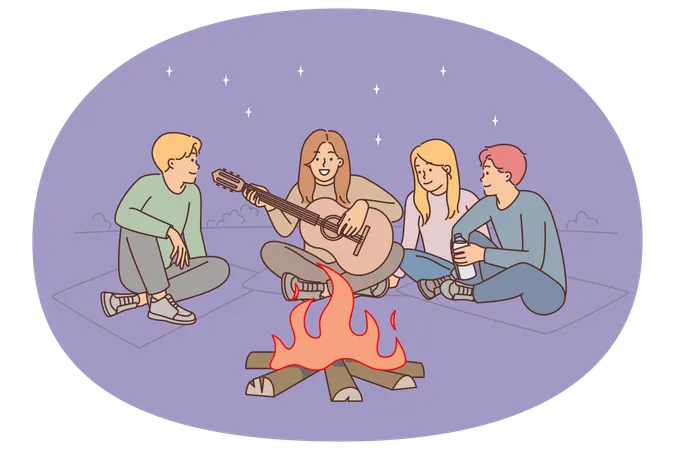 Freunde sitzen mit Gitarre am Lagerfeuer und genießen Camping und Entspannung am Abendstrand  Illustration