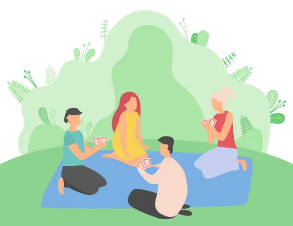 Freunde spielen Karten im park  Illustration