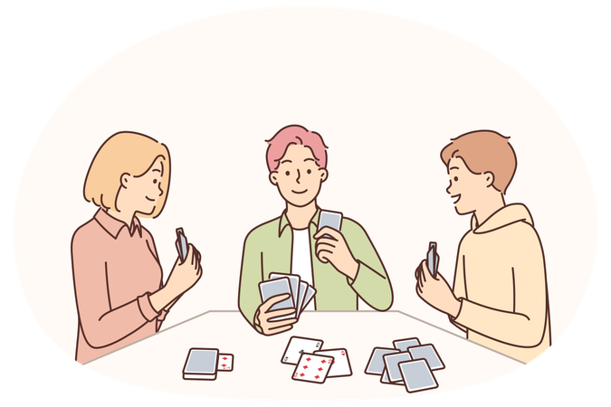 Freunde spielen Karten am Tisch sitzen und gemeinsam Zeit mit einem Pokerspiel verbringen  Illustration