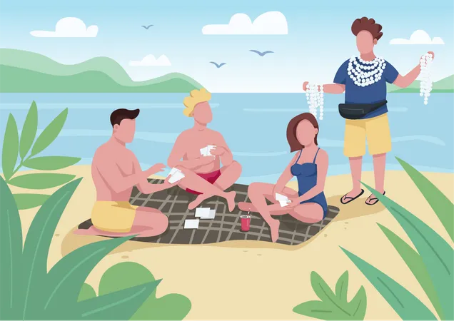 Freunde spielen Karten am Strand  Illustration