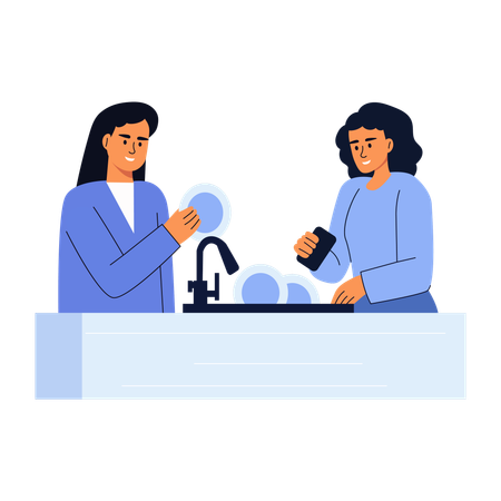 Freunde beim gemeinsamen Abwasch  Illustration