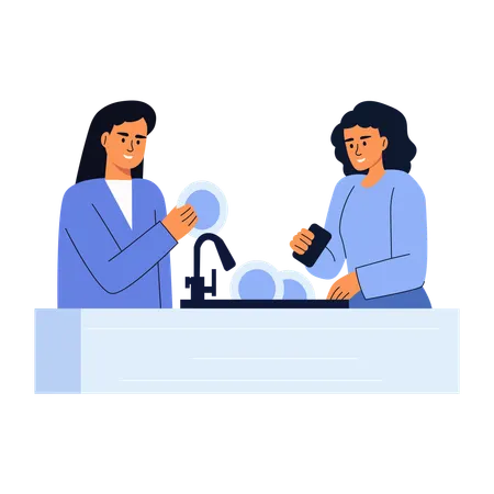 Freunde beim gemeinsamen Abwasch  Illustration