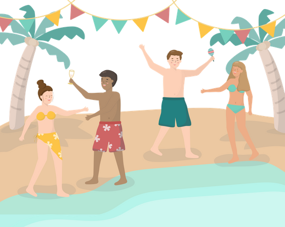 Freunde tanzen am Strand  Illustration