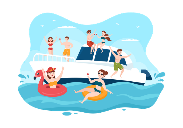 Freunde tanzen auf Yacht  Illustration