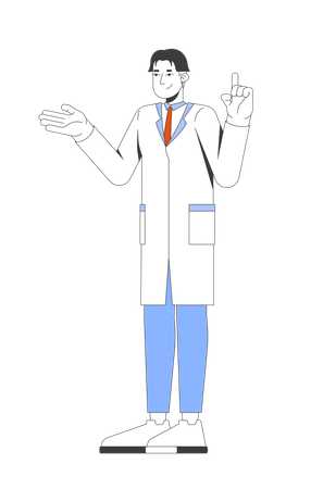 Freundlicher koreanischer Wissenschaftler im Laborkittel erklärt  Illustration