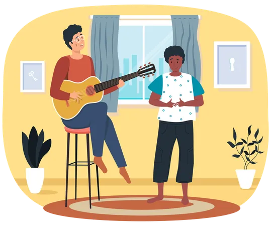 Frican american female character listening to her male friend singing  Illustration