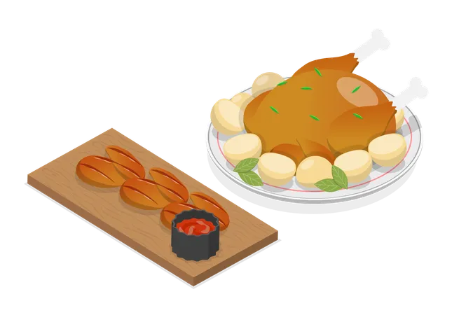 3 D Isometric Flat Vector Icon Of Meat Dishes Fried Chicken Meat Illustration